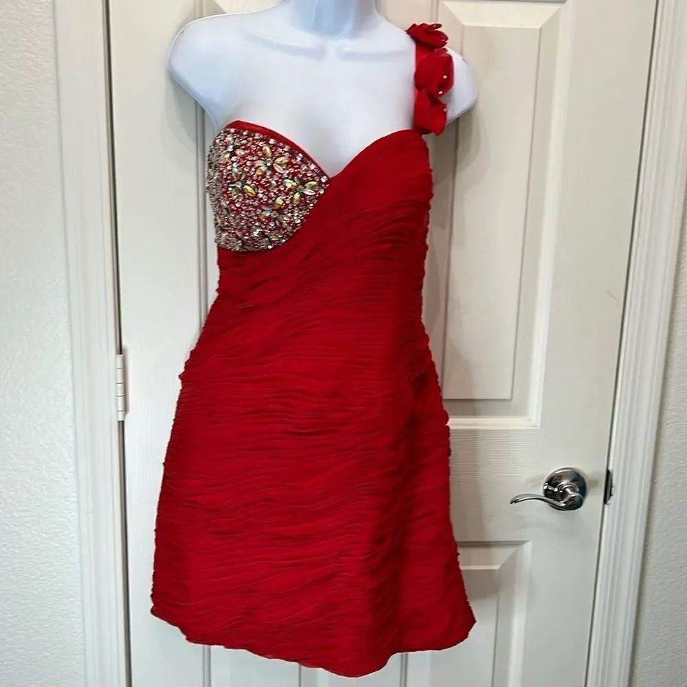 MAY QUEEN COUTURE USA DRESS RED PEARL RHINESTONE MIDI ROSE STRAP SZ 12 VINTAGE